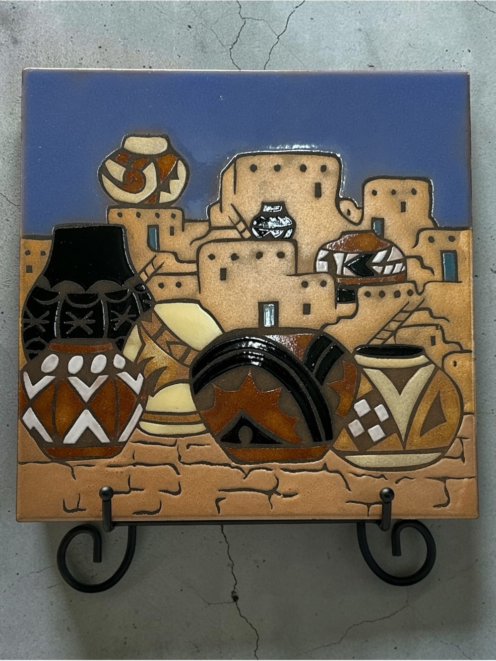 Decorative Southwestern Ceramic Tile Plaque in Blue and Brown